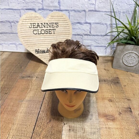 Coach Tan Unisex Tan Khaki Visor S Black Leather Strap Back Golf Beach Rare! - Picture 7 of 10